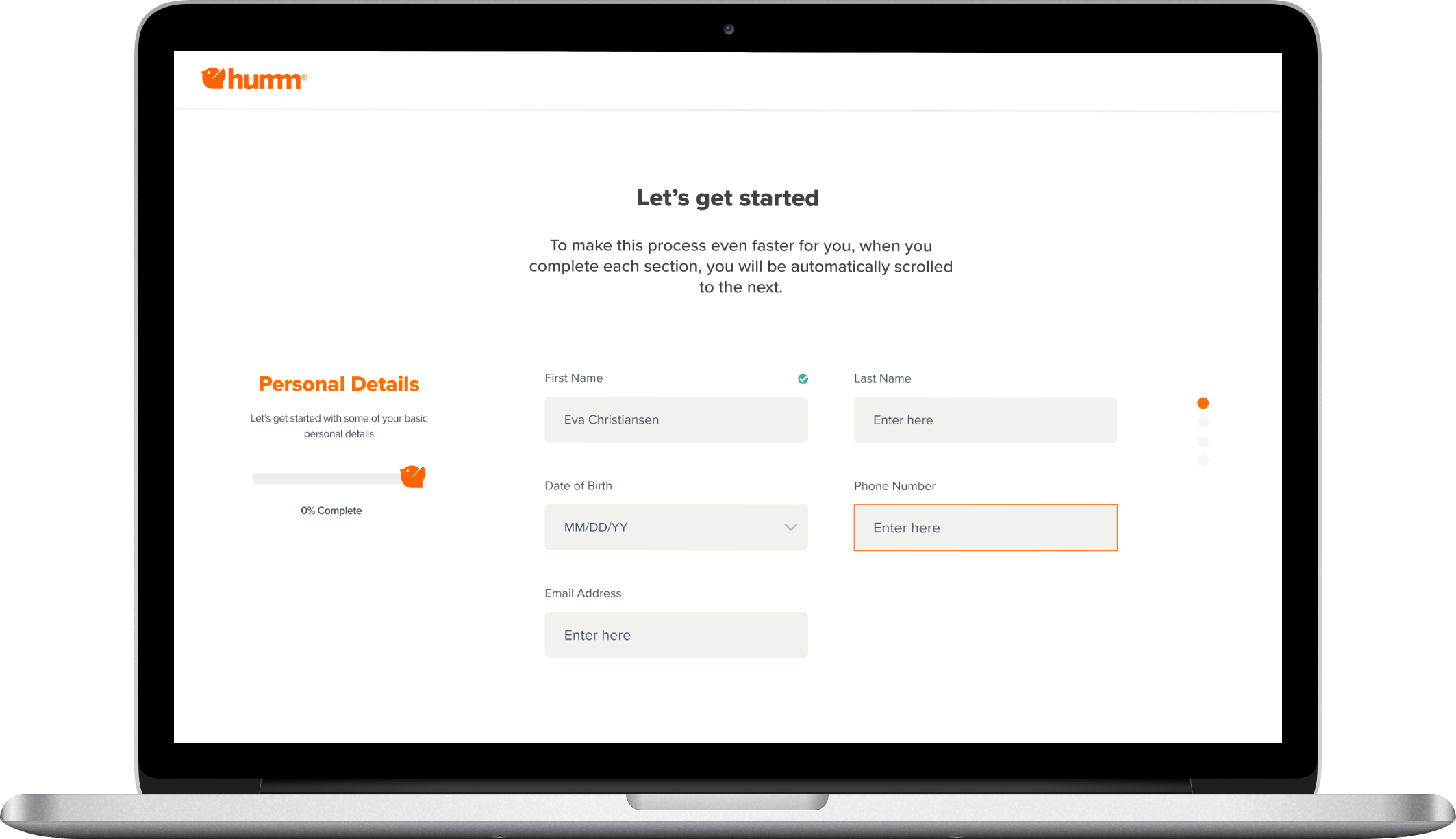Humm final onboarding and application screens — screen 1