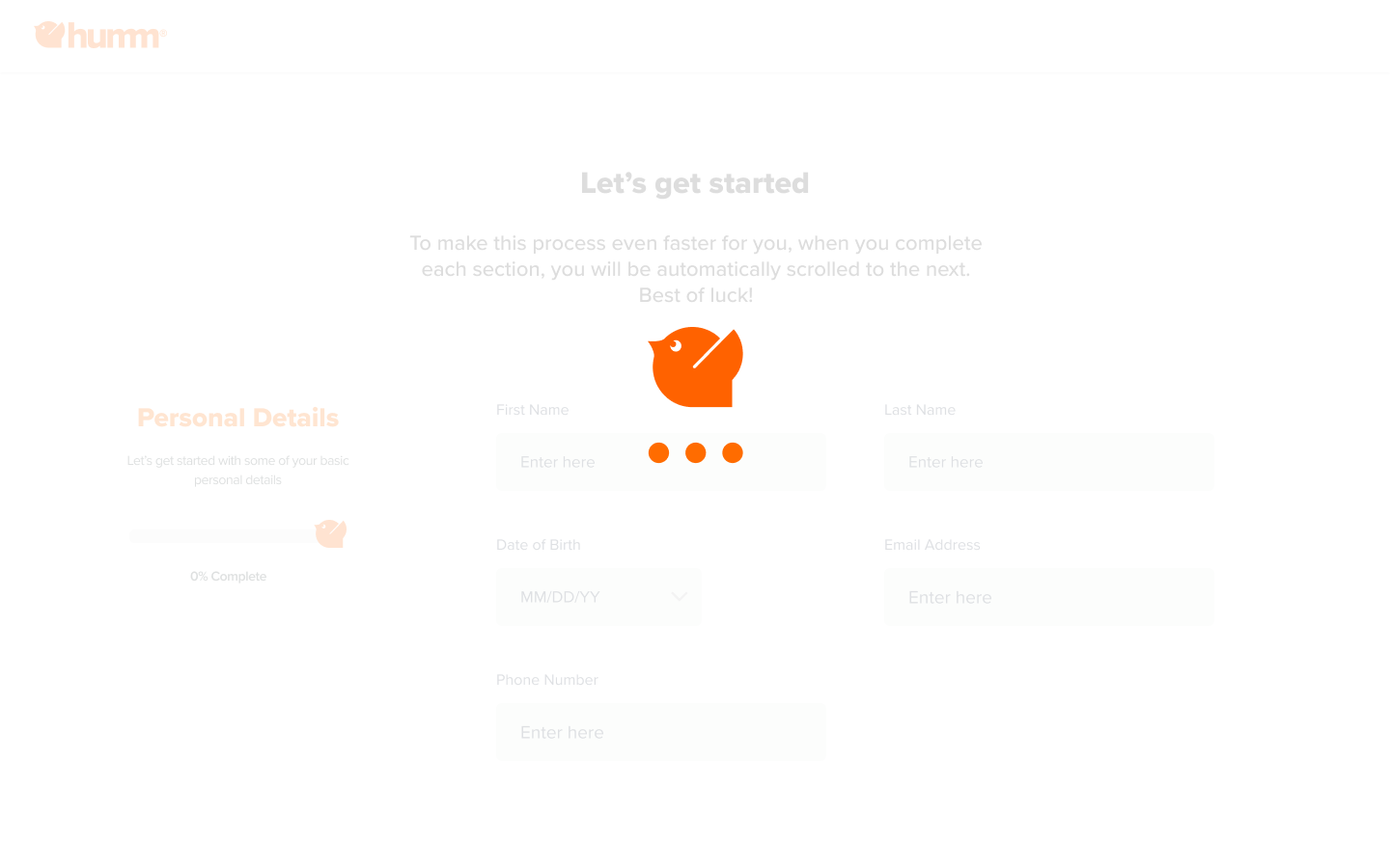 Humm final onboarding and application screens — screen 4