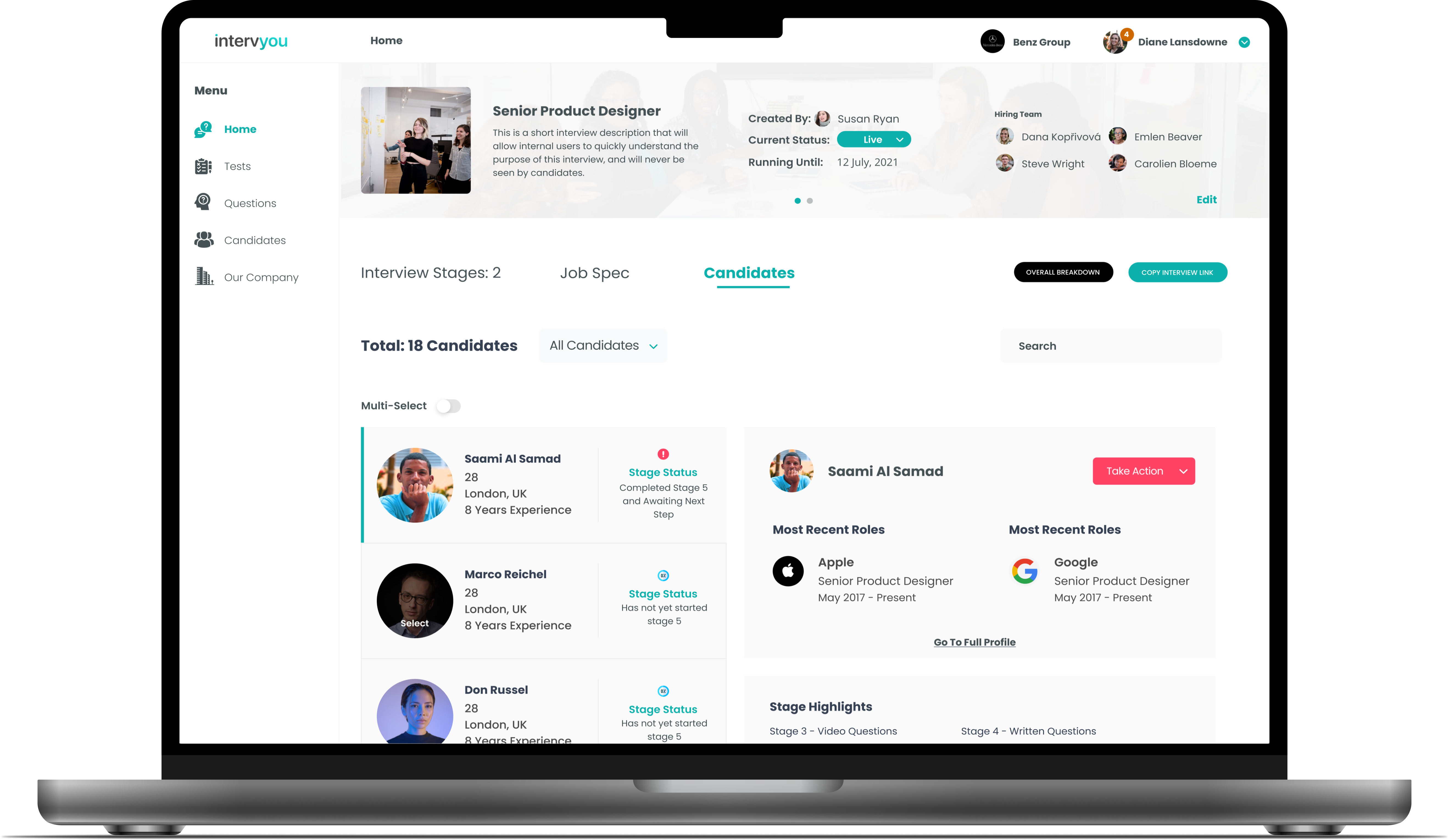 &ldquo;Candidate evaluation screen &mdash; reasoning surfaced before recommendation, with stage-by-stage explainability.&rdquo;