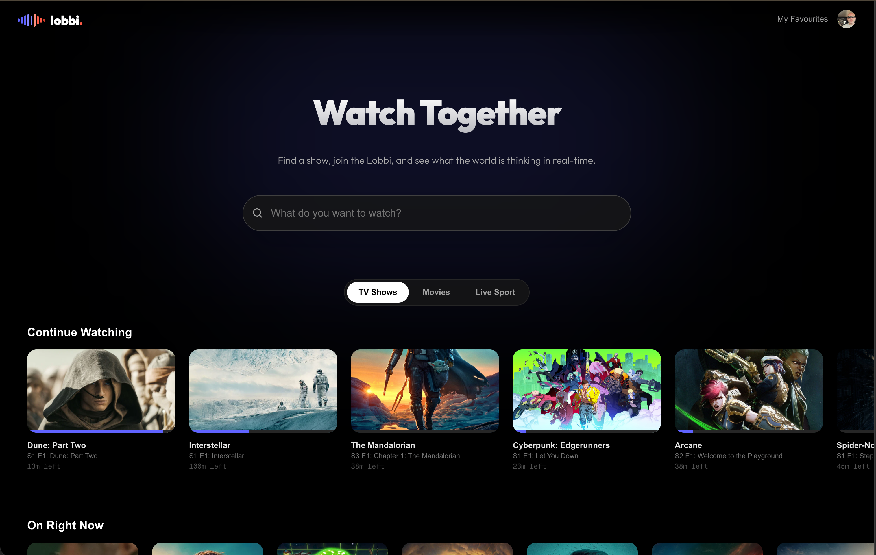 Lobbi Room on web — Timeline waveform, comment feed with live reactions, playback progress synchronised to the show. — screen 1