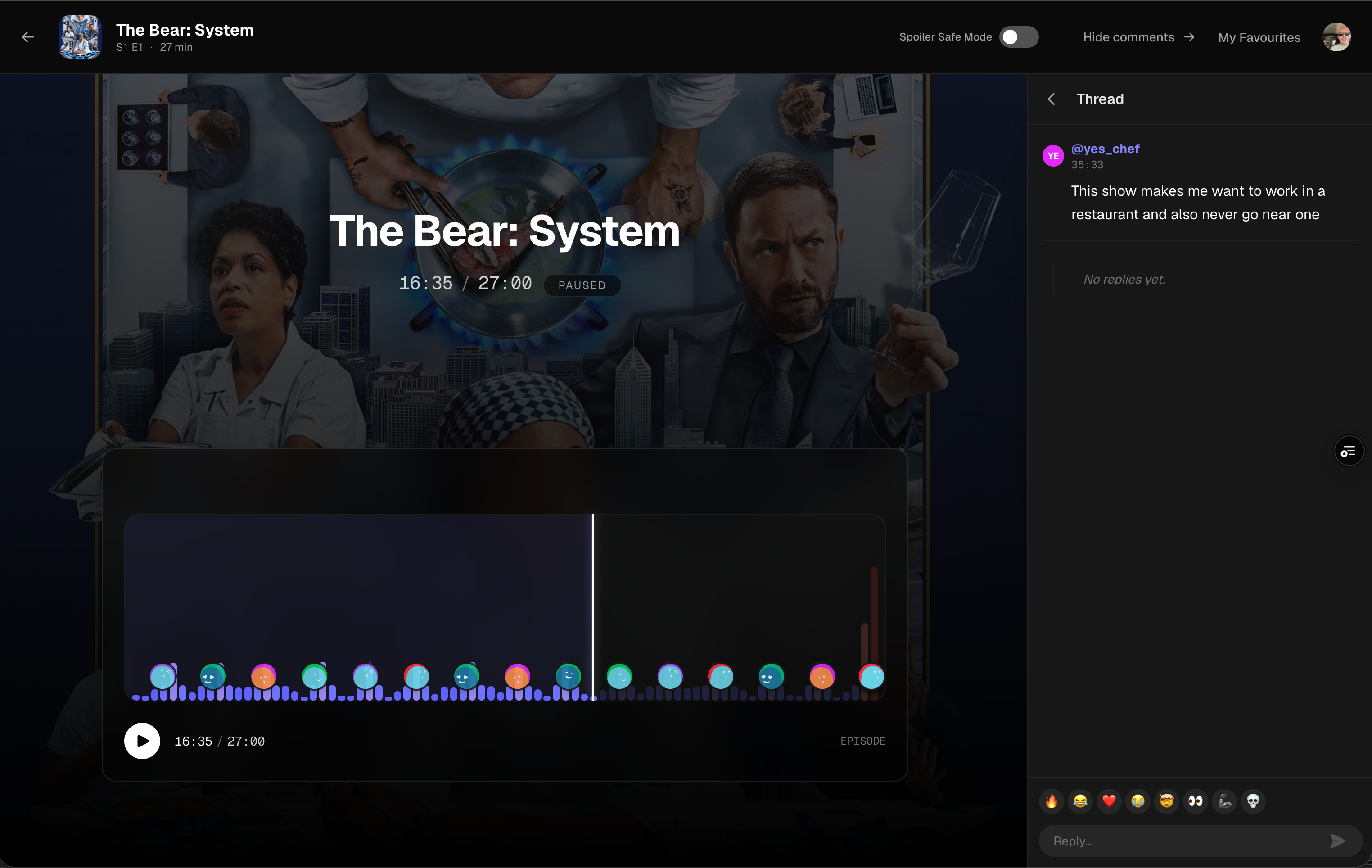 Lobbi Room on web — Timeline waveform, comment feed with live reactions, playback progress synchronised to the show. — screen 5