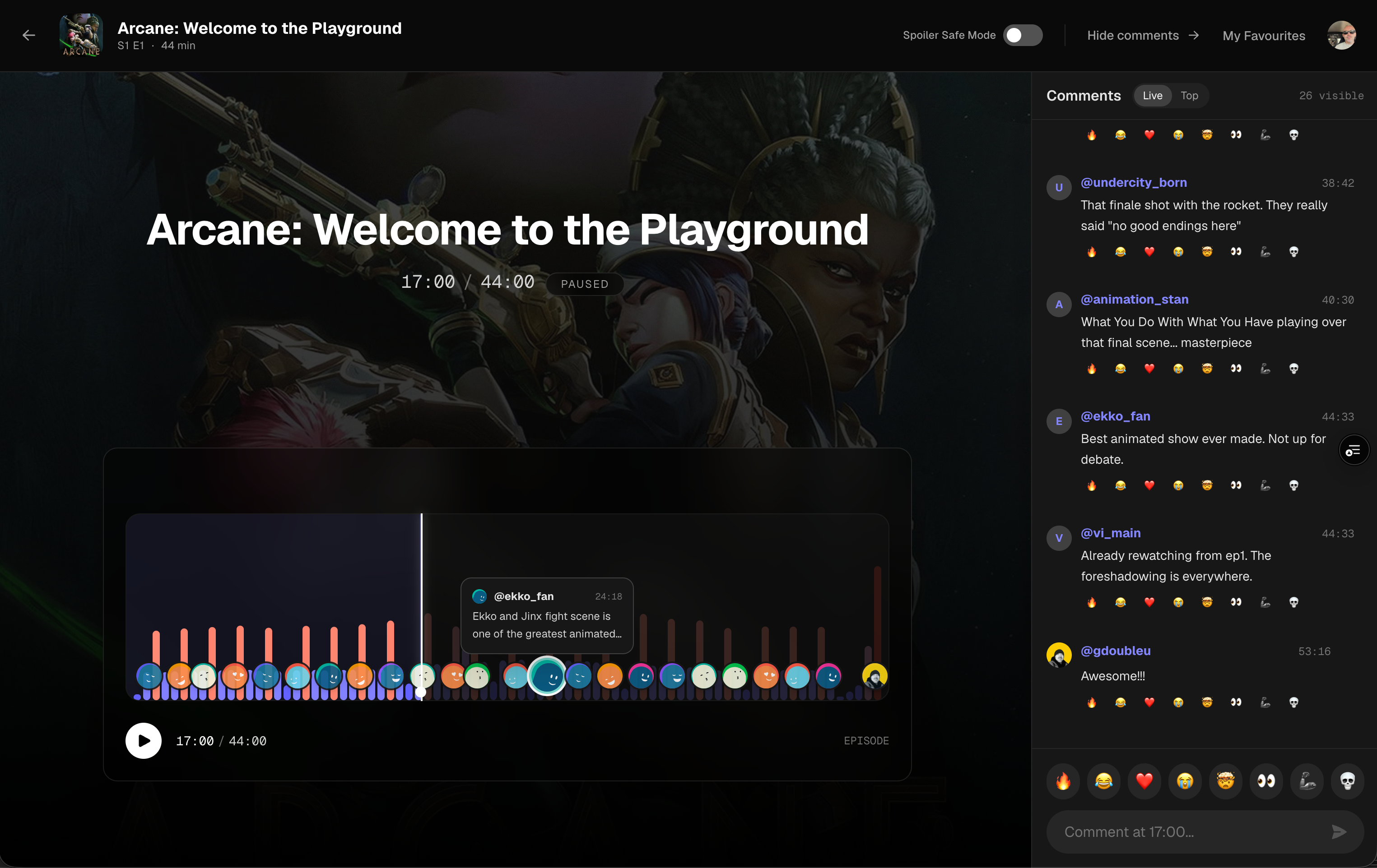 Lobbi Room on web — Timeline waveform, comment feed with live reactions, playback progress synchronised to the show. — screen 6