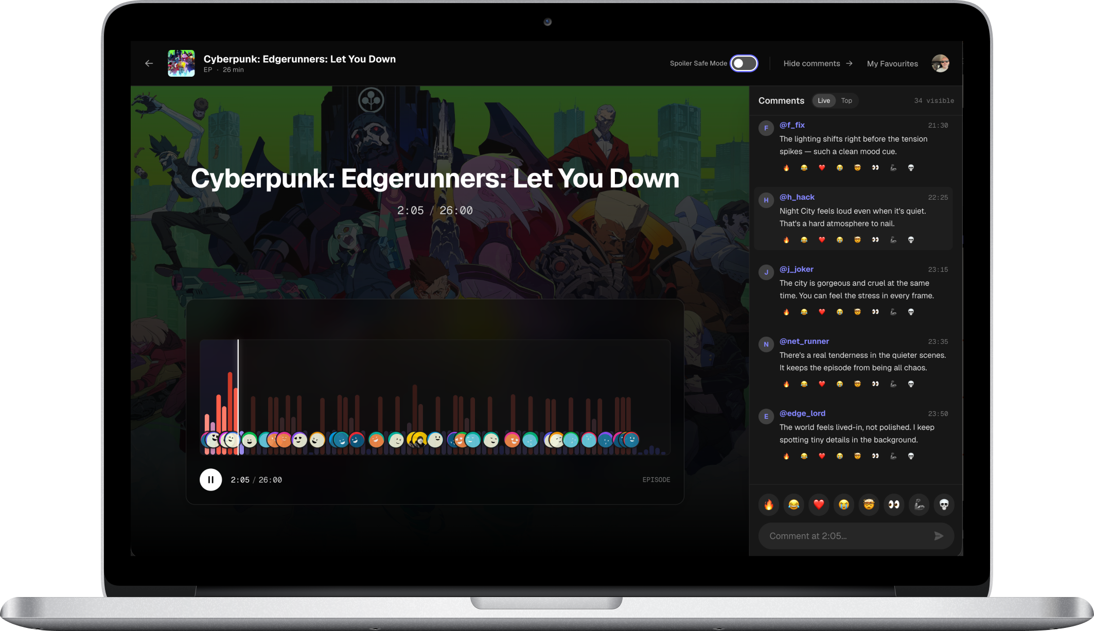The Lobbi Room — Timeline waveform, comment feed, playback progress synchronised to timestamped comments.