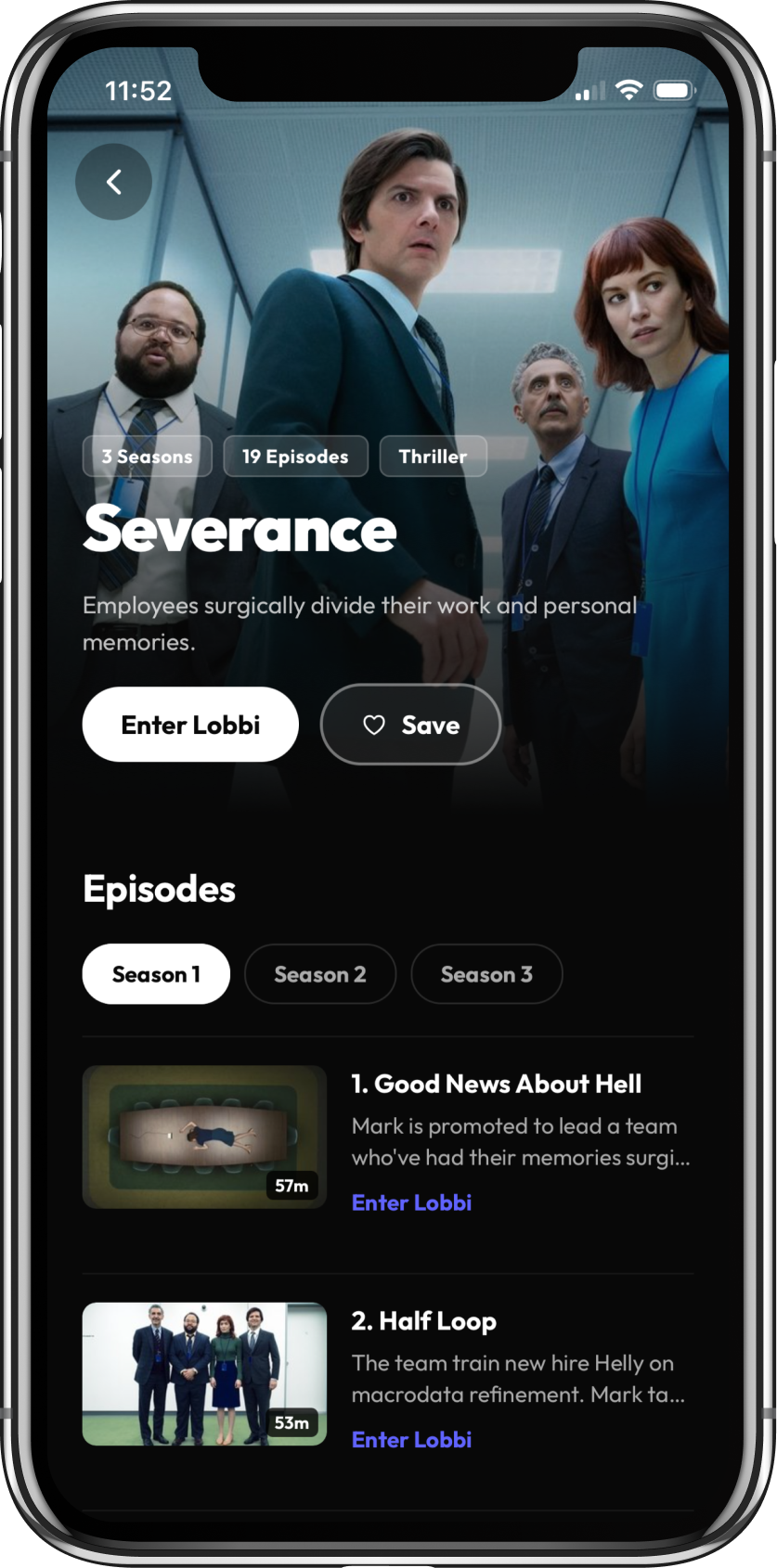 Lobbi on iOS — the Home page with Netflix-style content rows on a dark cinematic background.