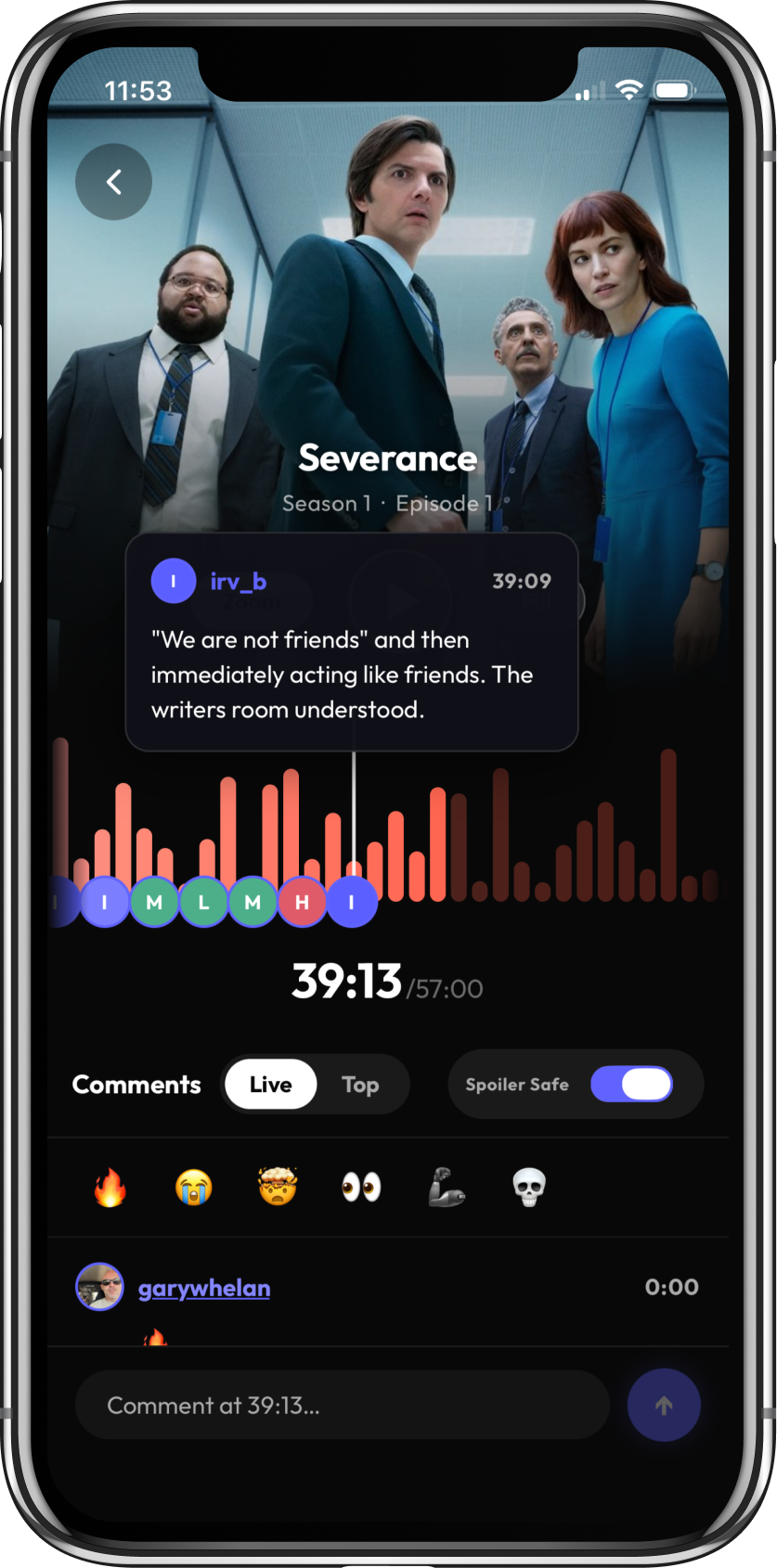 Lobbi on iOS — the Lobbi Room with compact Timeline waveform and comment feed synced to playback.