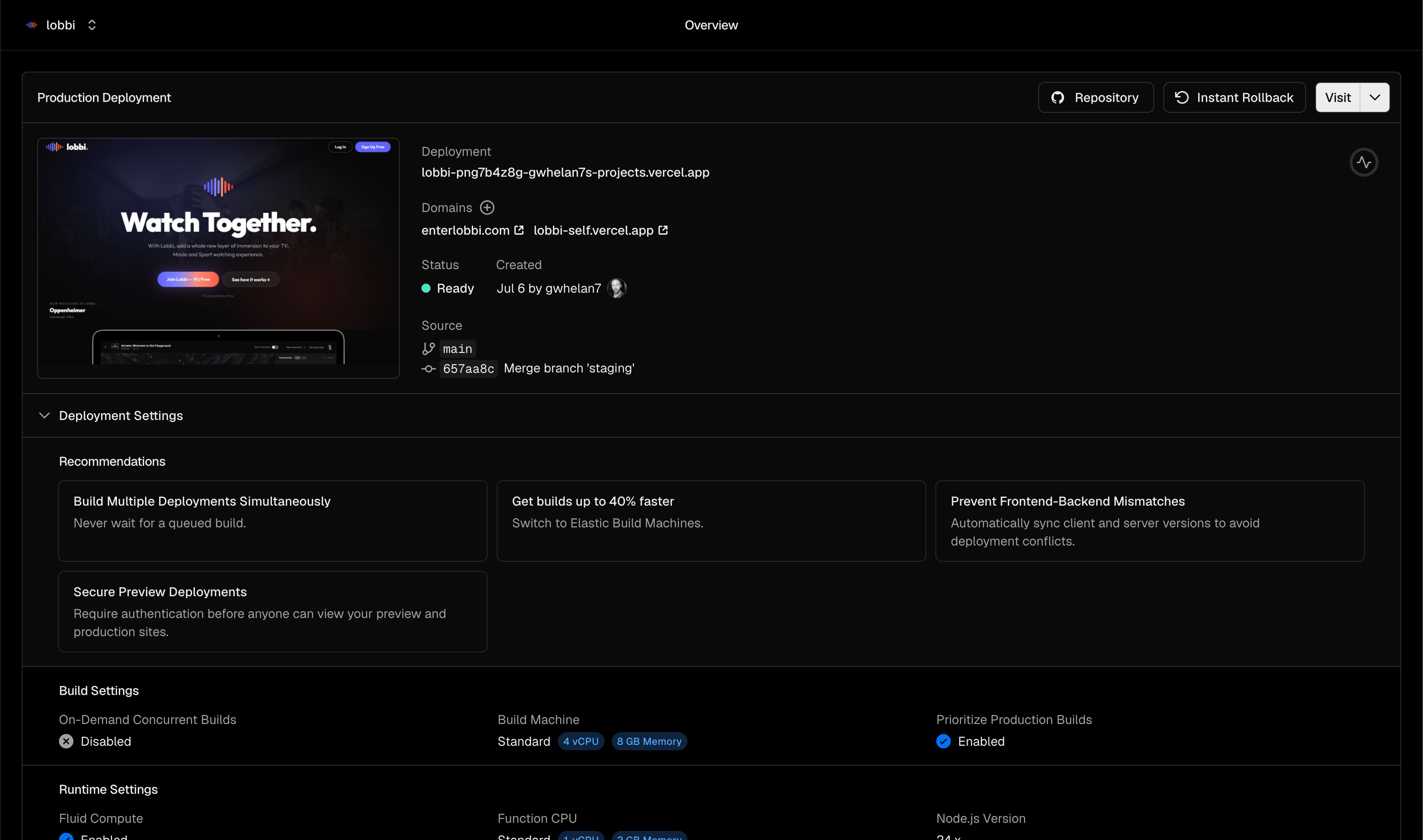 Vercel deployment dashboard — proof of shipping.