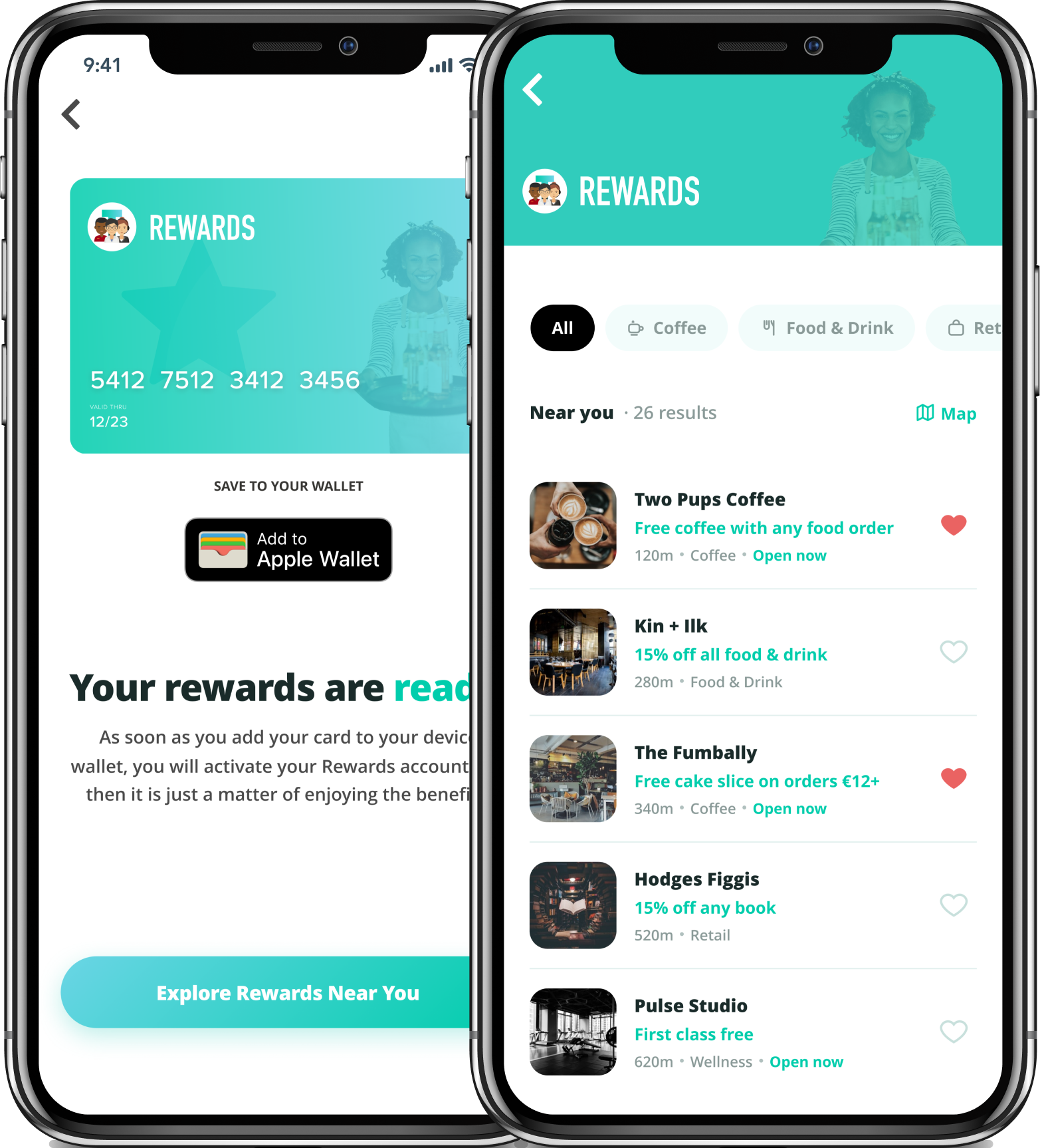 Browse Offers (mobile) — category pills, distance, Open status.