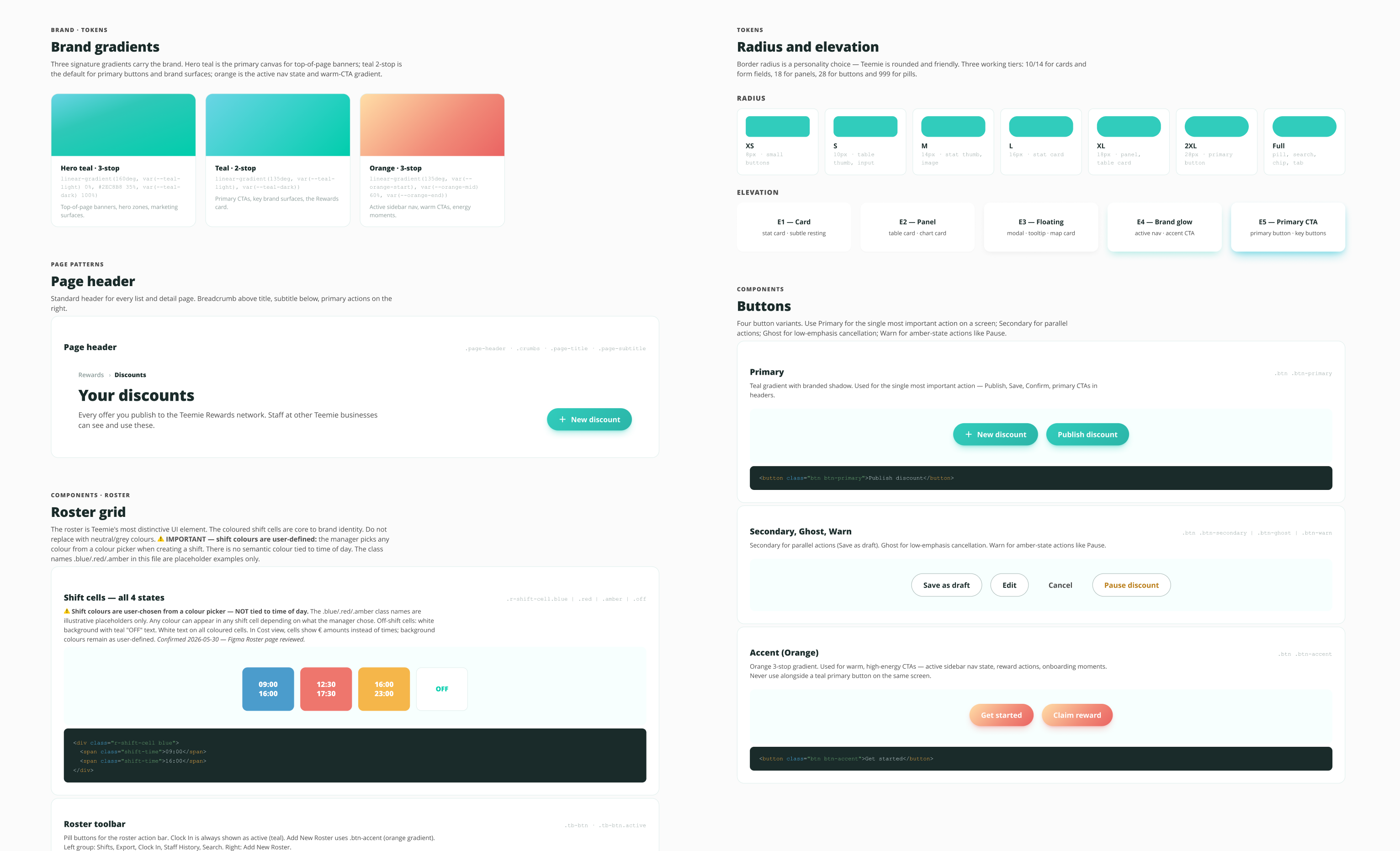 &ldquo;The Teemie design system file rendered in browser. Sections labelled. Components stamped. Tokens visible. The artefact &mdash; the system that emerged from real production work.&rdquo;