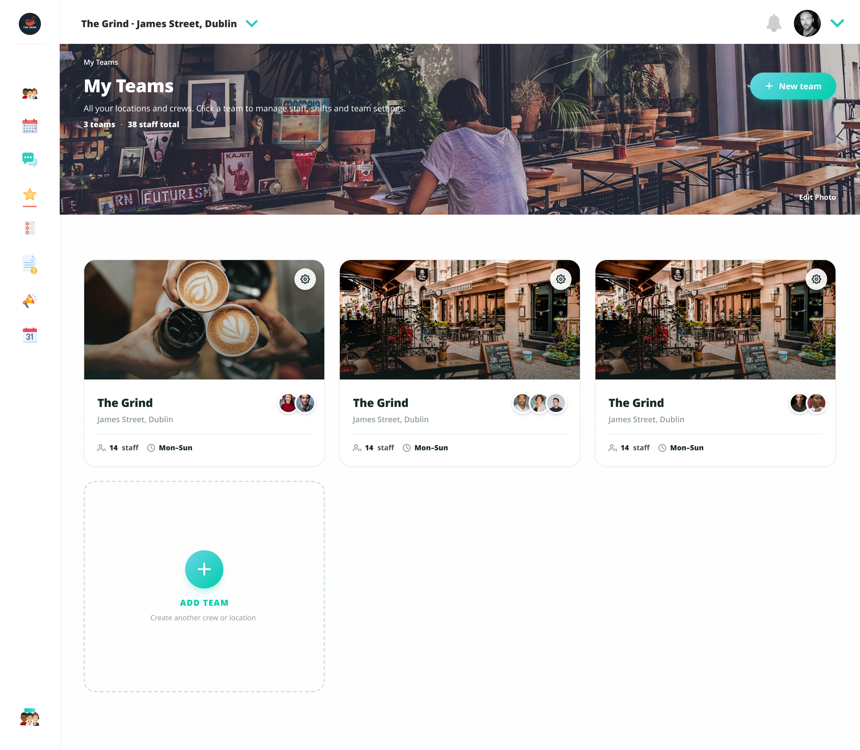 Teemie My Teams — locations, teams and staff management dashboard