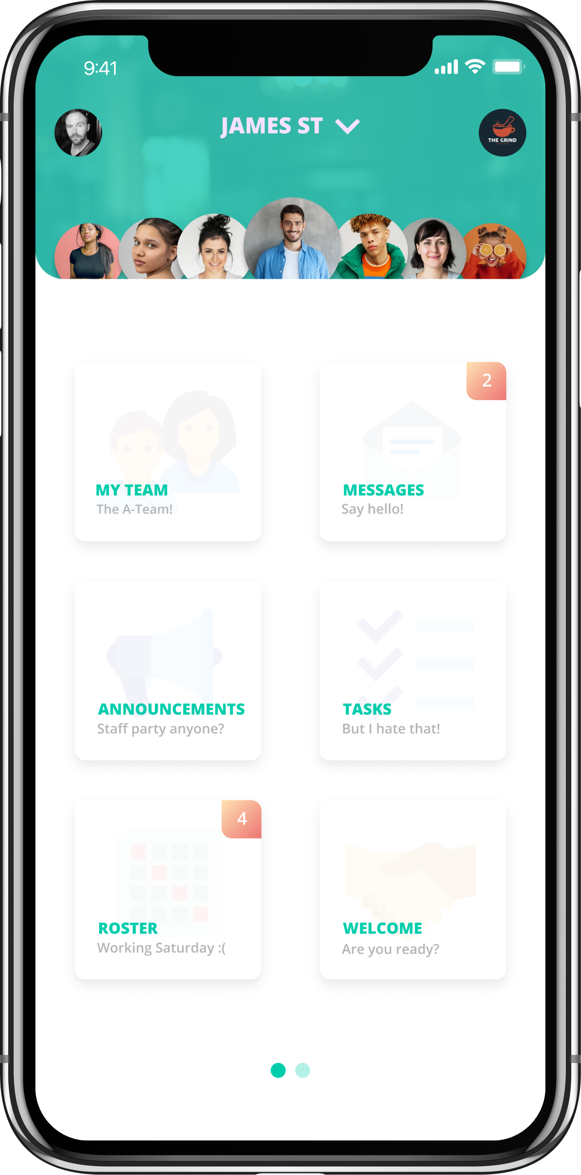Staff mobile app — home, roster, clock-in, tasks, messages and settings built for 30-second shop-floor use. — screen 3