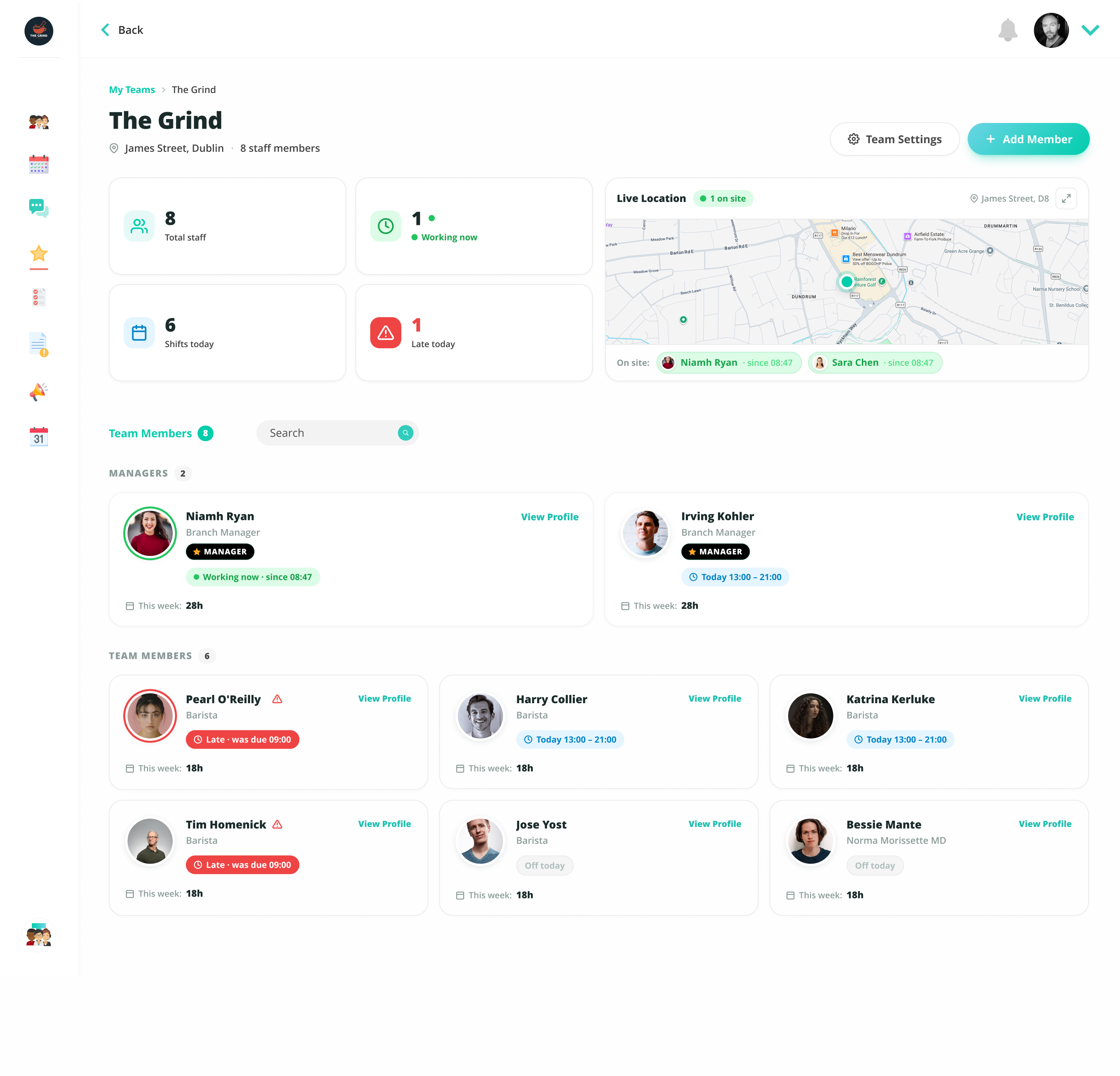 Side by side — the Roster on a manager's desktop (dense, week view, cost overlays) vs the same shift opened on a staff phone the morning of work (single-card, today's shift, one button to clock in). — screen 5